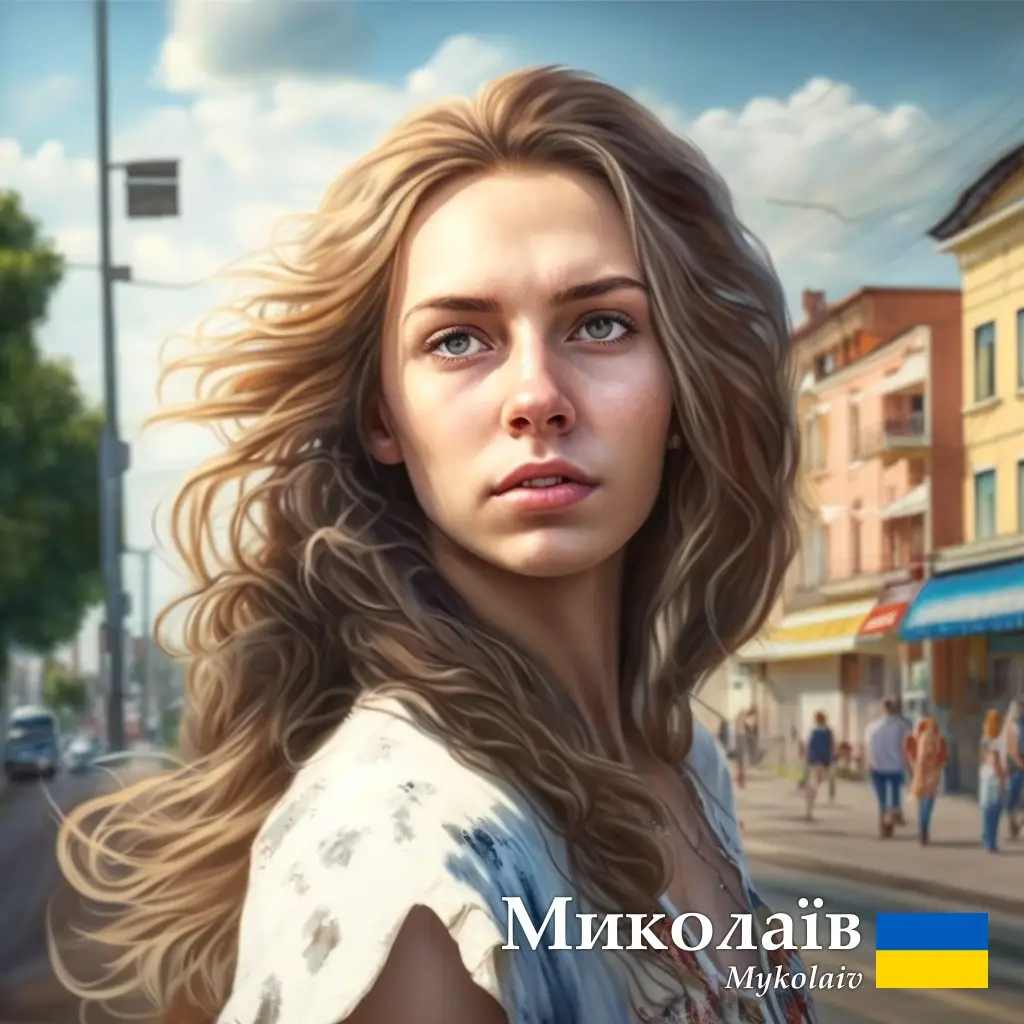 Миколаїв постає в образі білявої схвильованої дівчини у літньому вбранні 