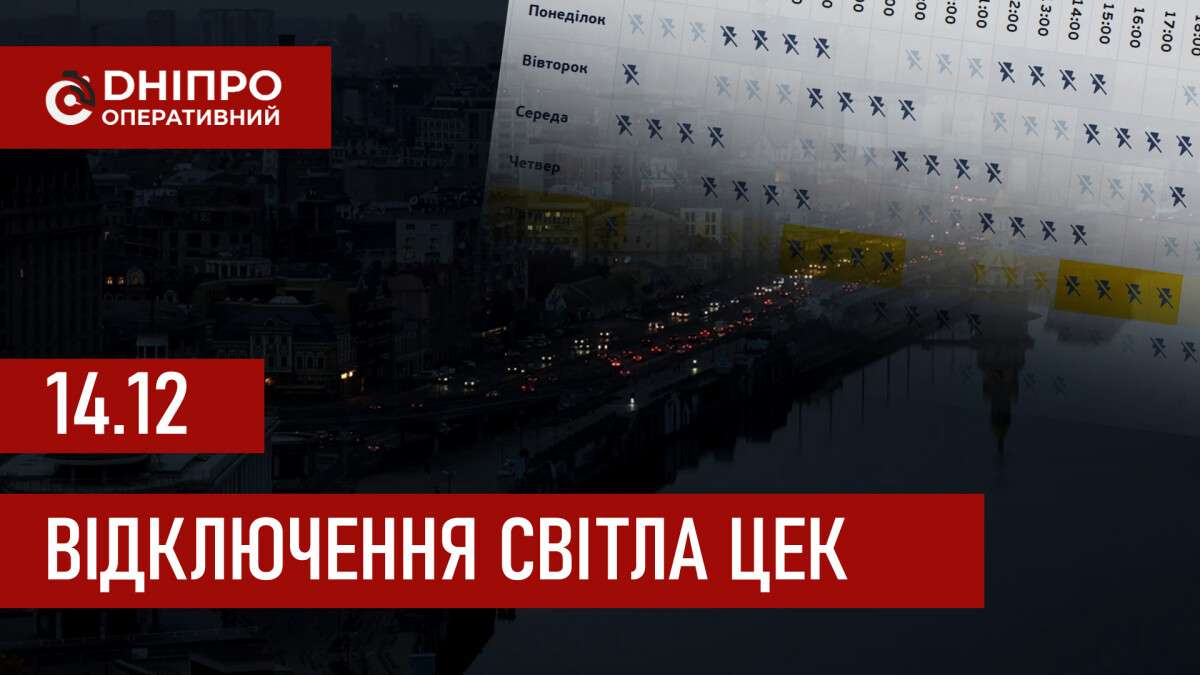 Графіки відключення світла ЦЕК Центральна енергетична компанія у Дніпрі 14.12.2025